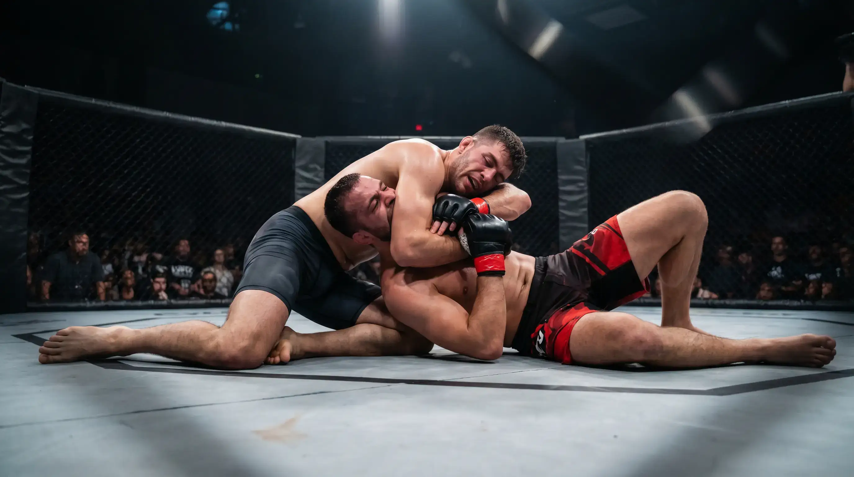 MMA-Kämpfer setzt einen Würgegriff am Boden an